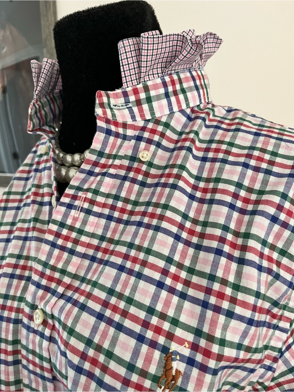 Refashioned Ralph Lauren Multicolor Plaid Button-Down w/ruffle collar
